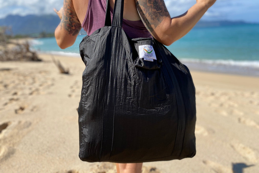 Aqua/ Black - Parachute Silk Beach Bag: Ultralight, Compact Tote from Maui