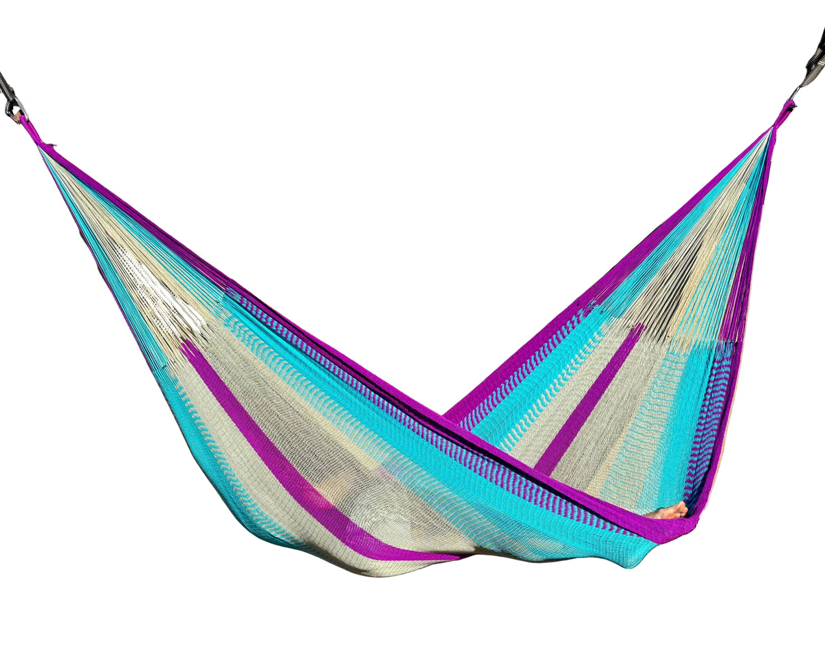 Handwoven Thai Hammock • Weather-Resistant • Fair Trade (Purple, Aqua, Grey Blend)