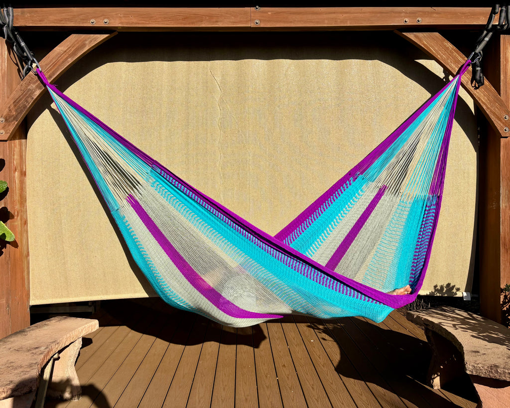 Handwoven Thai Hammock • Weather-Resistant • Fair Trade (Purple, Aqua, Grey Blend)