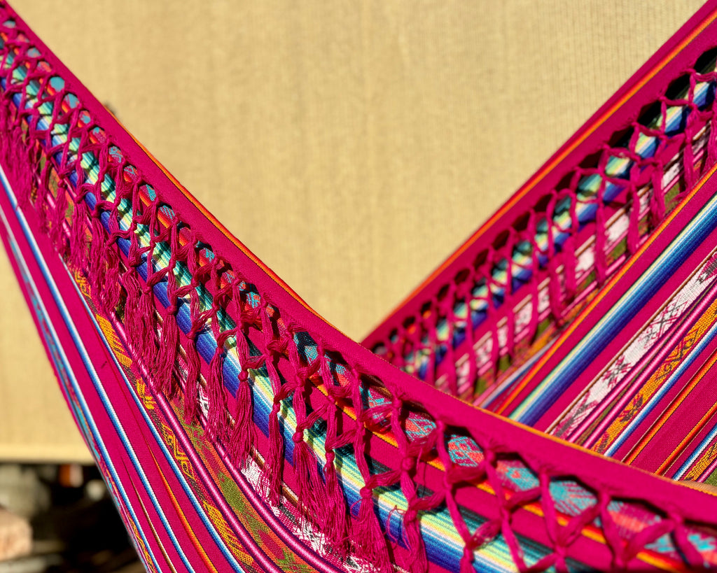 Braided Fringe Hammock: Inca Pattern, UV & Mildew Resistant, Lightweight, Fuchsia Color