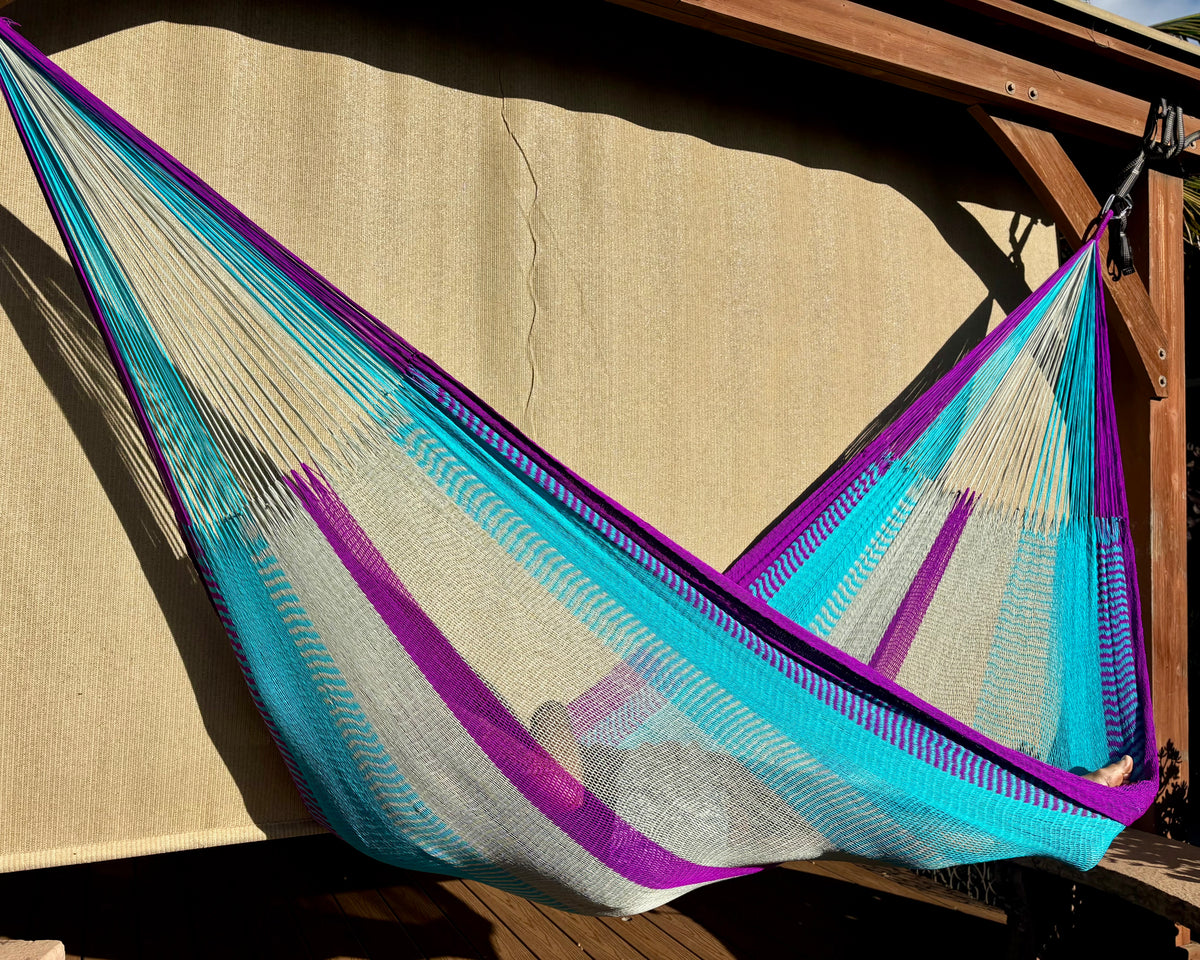 Handwoven Thai Hammock • Weather-Resistant • Fair Trade (Purple, Aqua, Grey Blend)