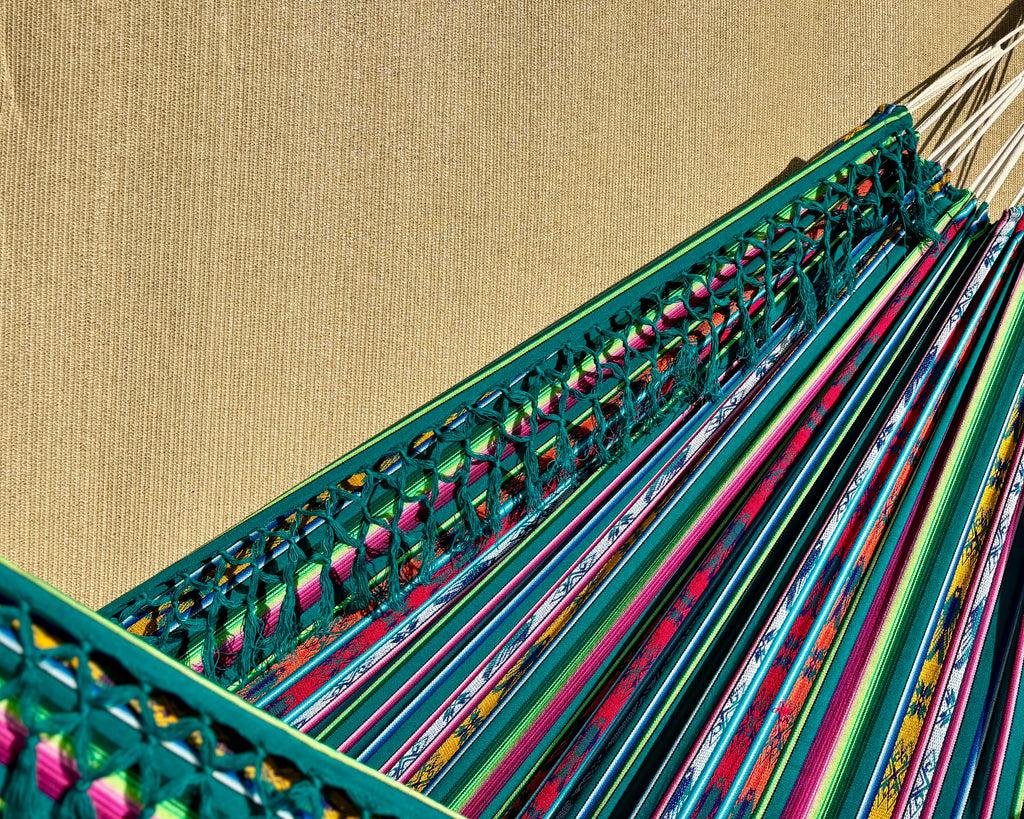 Braided Fringe Hammock: Inca Pattern, UV & Mildew Resistant, Lightweight, Sea Foam Color Blend
