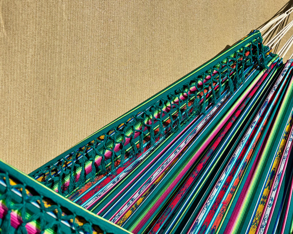 Braided Fringe Hammock: Inca Pattern, UV & Mildew Resistant, Lightweight, Sea Foam Color Blend