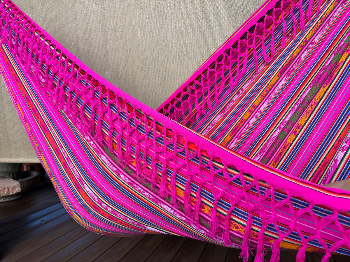 Braided Fringe Hammock: Inca Pattern, UV & Mildew Resistant, Lightweight, Pink Multicolor