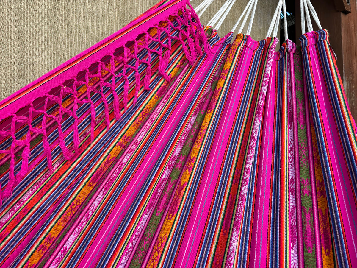 Braided Fringe Hammock: Inca Pattern, UV & Mildew Resistant, Lightweight, Pink Multicolor
