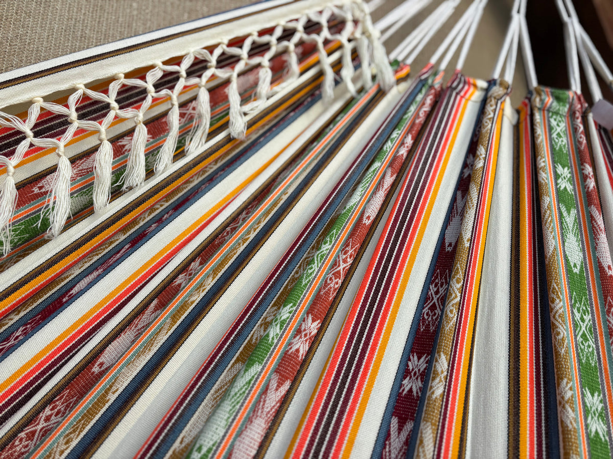 Braided Fringe Hammock: Inca Pattern, UV & Mildew Resistant, Lightweight, Cream Multicolor