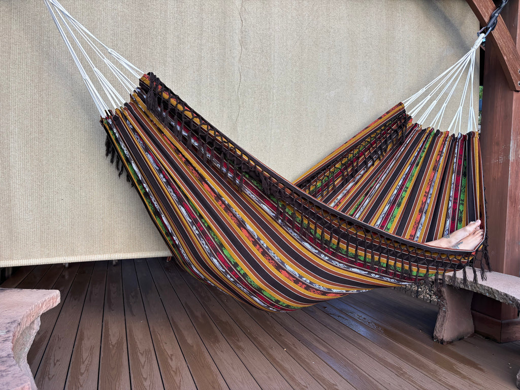 Braided Fringe Hammock: Inca Pattern, UV & Mildew Resistant, Lightweight, Coffee Color Blend