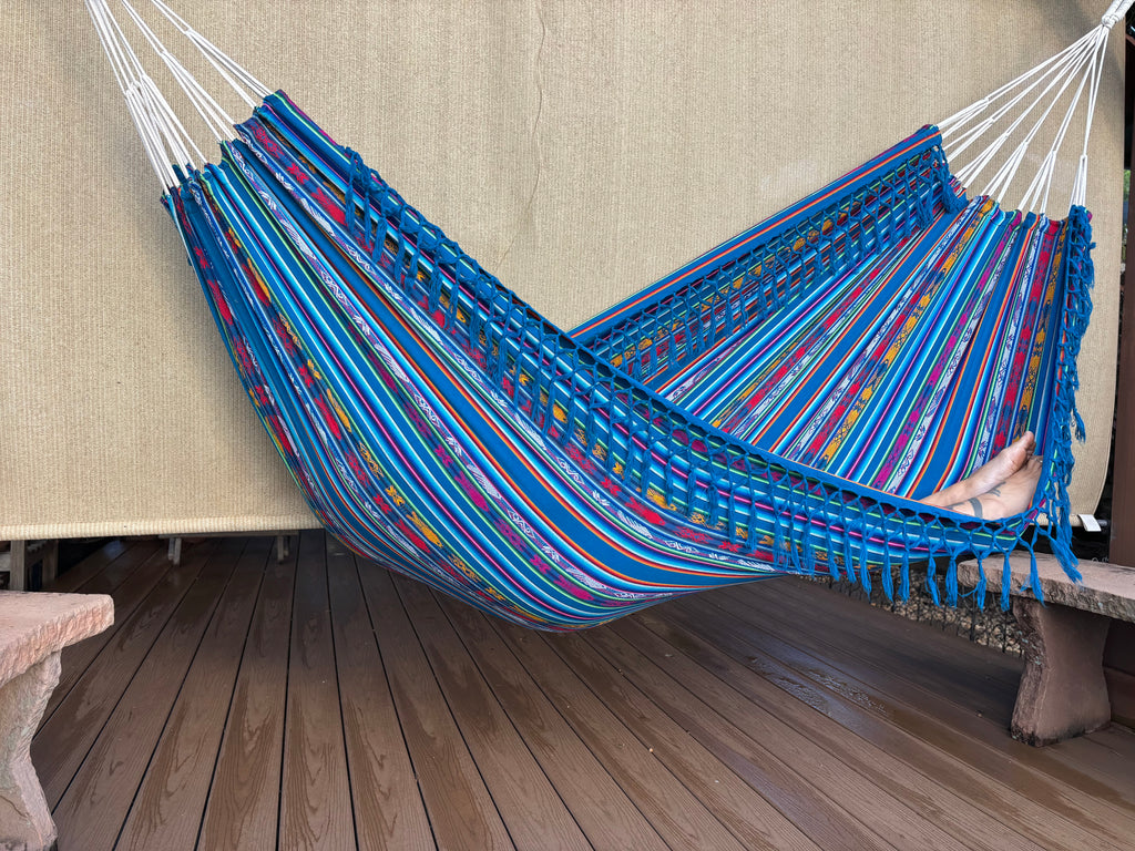 Braided Fringe Hammock: Inca Pattern, UV & Mildew Resistant, Lightweight, Electric Blue