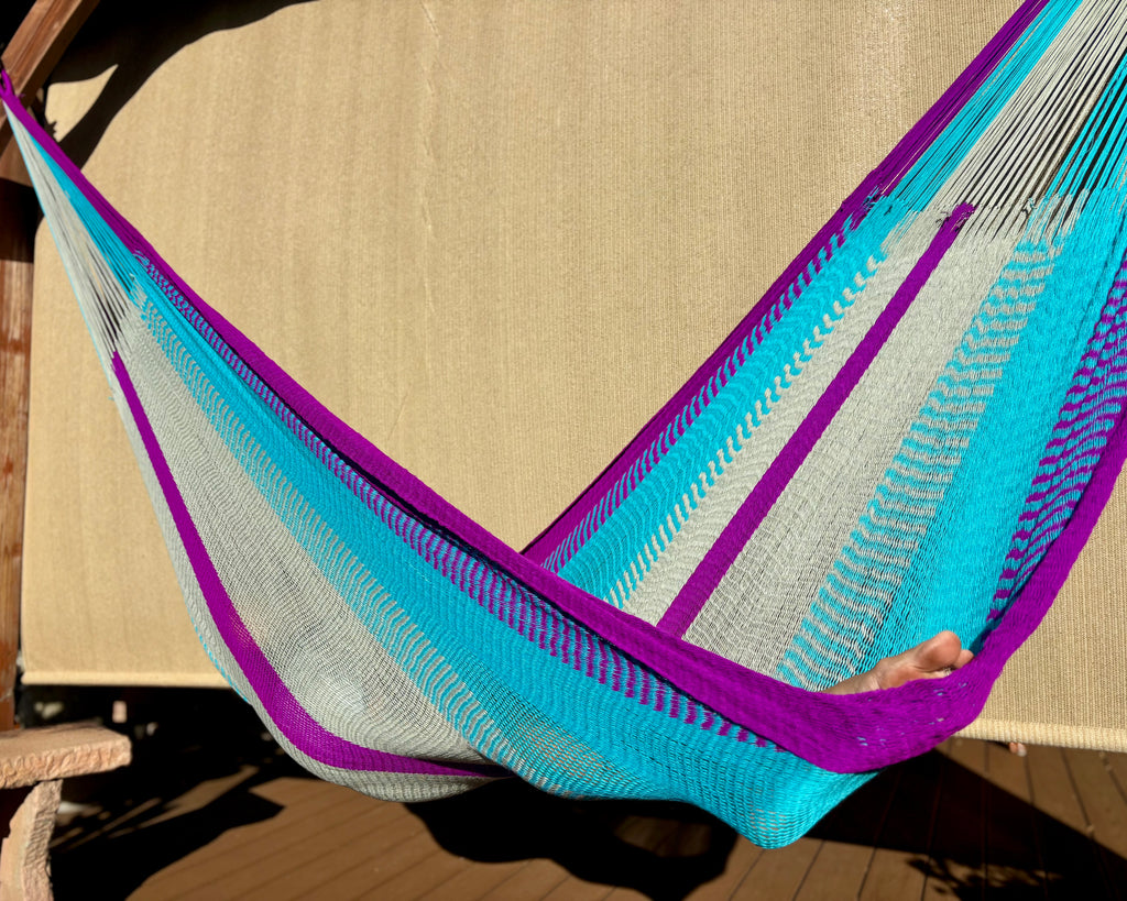 Handwoven Thai Hammock • Weather-Resistant • Fair Trade (Purple, Aqua, Grey Blend)