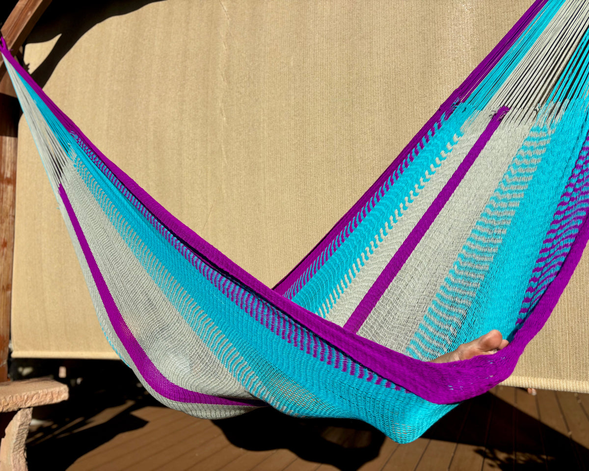 Handwoven Thai Hammock • Weather-Resistant • Fair Trade (Purple, Aqua, Grey Blend)