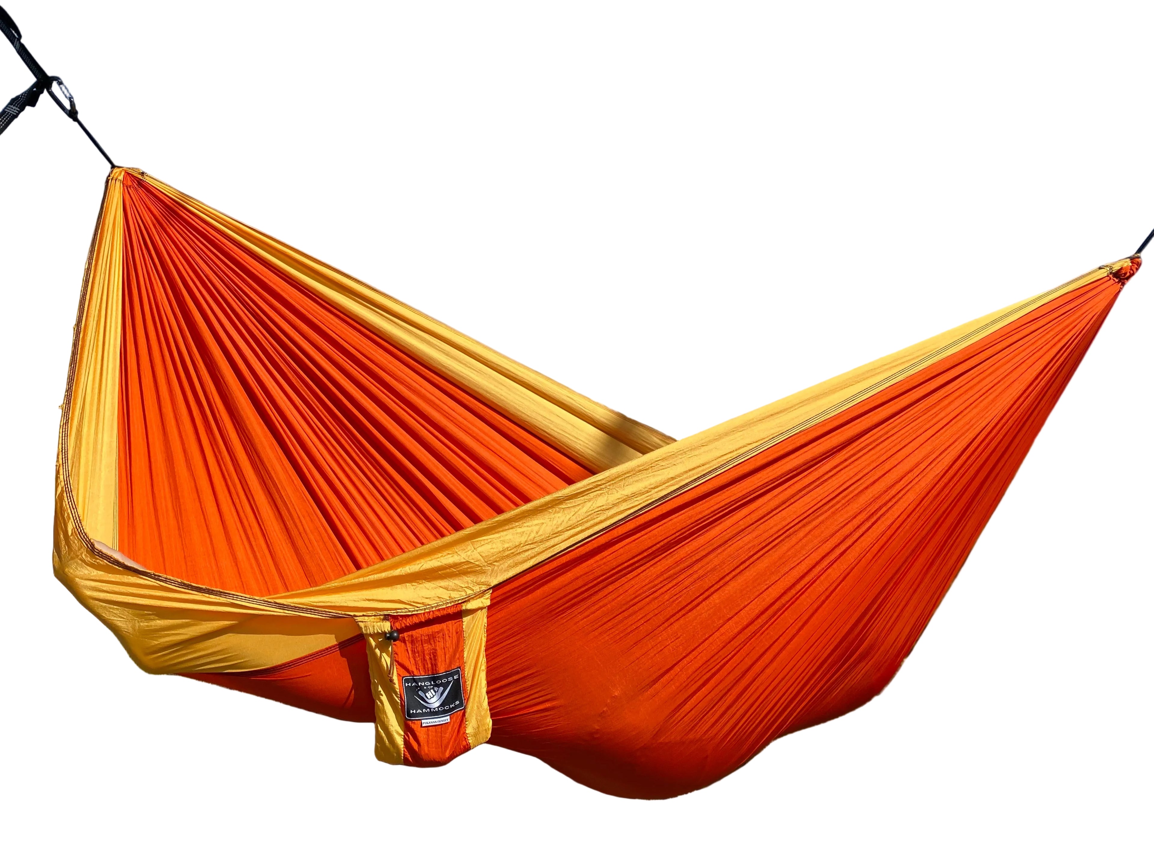 Parachute Silk Camping Hammock • Puka’ana/Sunset • Double XXL 6.5’x10’ • 440 lb Rated • Includes Carabiners & Stuff Sack • Ultralight & Packable • Handcrafted in Bali Since 1996