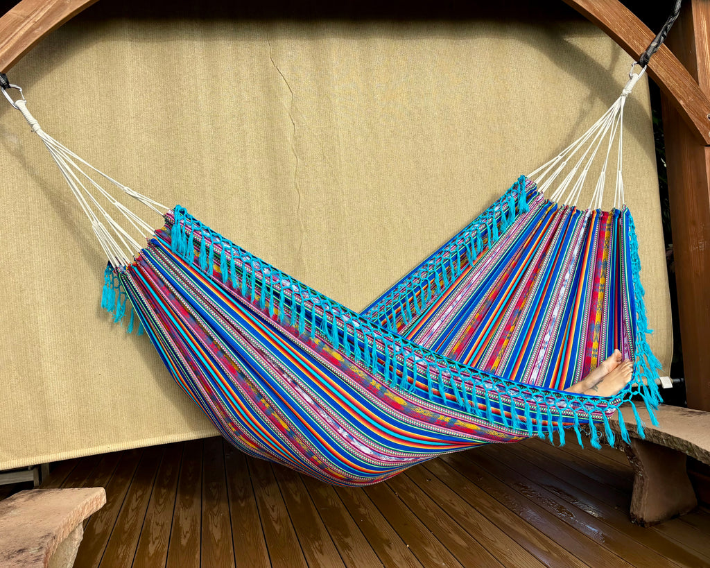 Braided Fringe Hammock: Inca Pattern, UV & Mildew Resistant, Lightweight, Aqua Blend