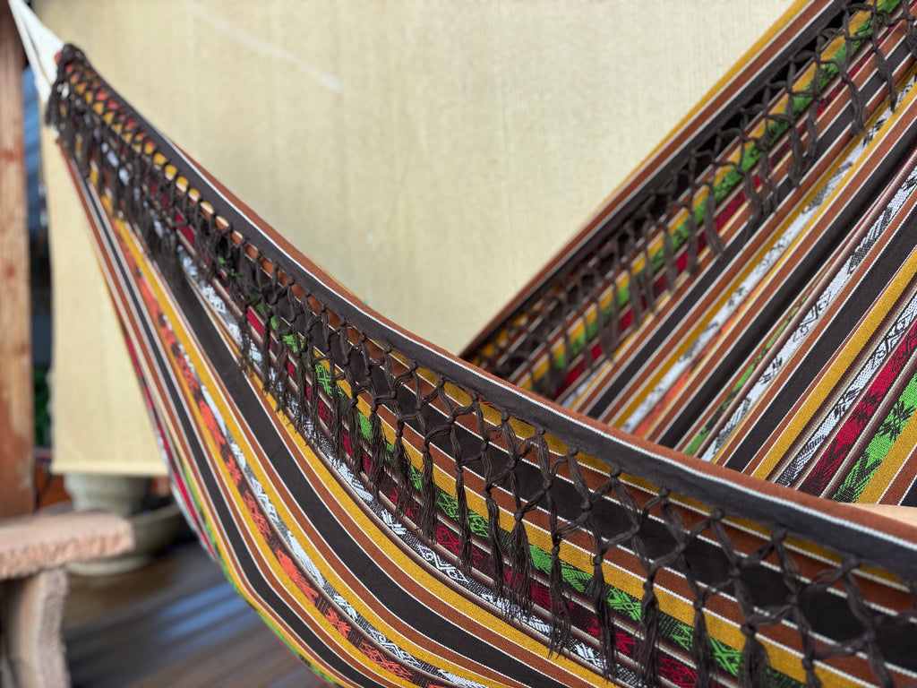 Braided Fringe Hammock: Inca Pattern, UV & Mildew Resistant, Lightweight, Coffee Color Blend