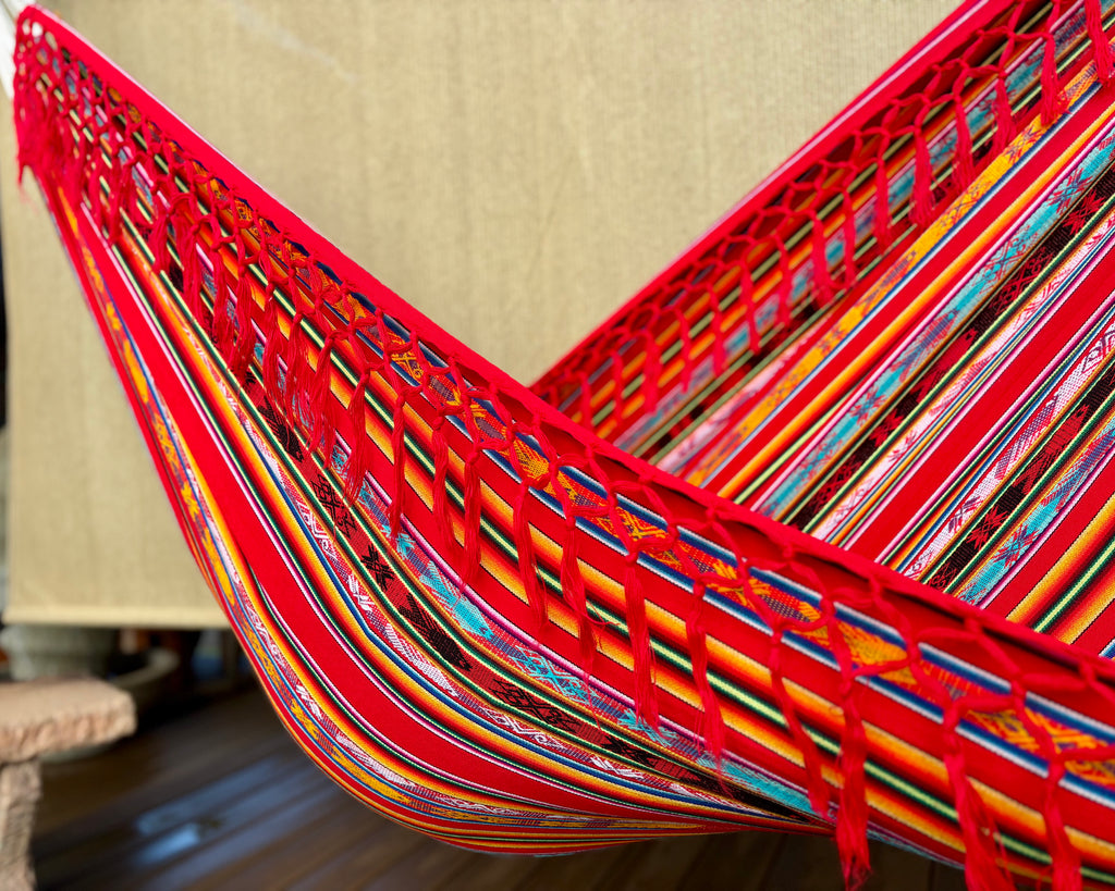 Braided Fringe Hammock: Inca Pattern, UV & Mildew Resistant, Lightweight, Red Multicolor