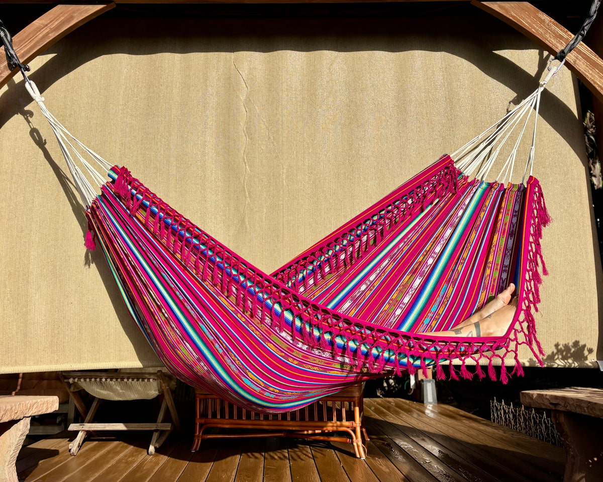 Braided Fringe Hammock: Inca Pattern, UV & Mildew Resistant, Lightweight, Fuchsia Color