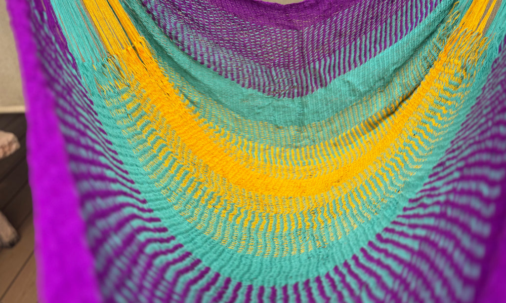 Thai Hammock Chair • Purple, Aqua & Yellow • Handwoven in Thailand • UV-Resistant • 500 lb Rated • Ultralight • Fair Trade