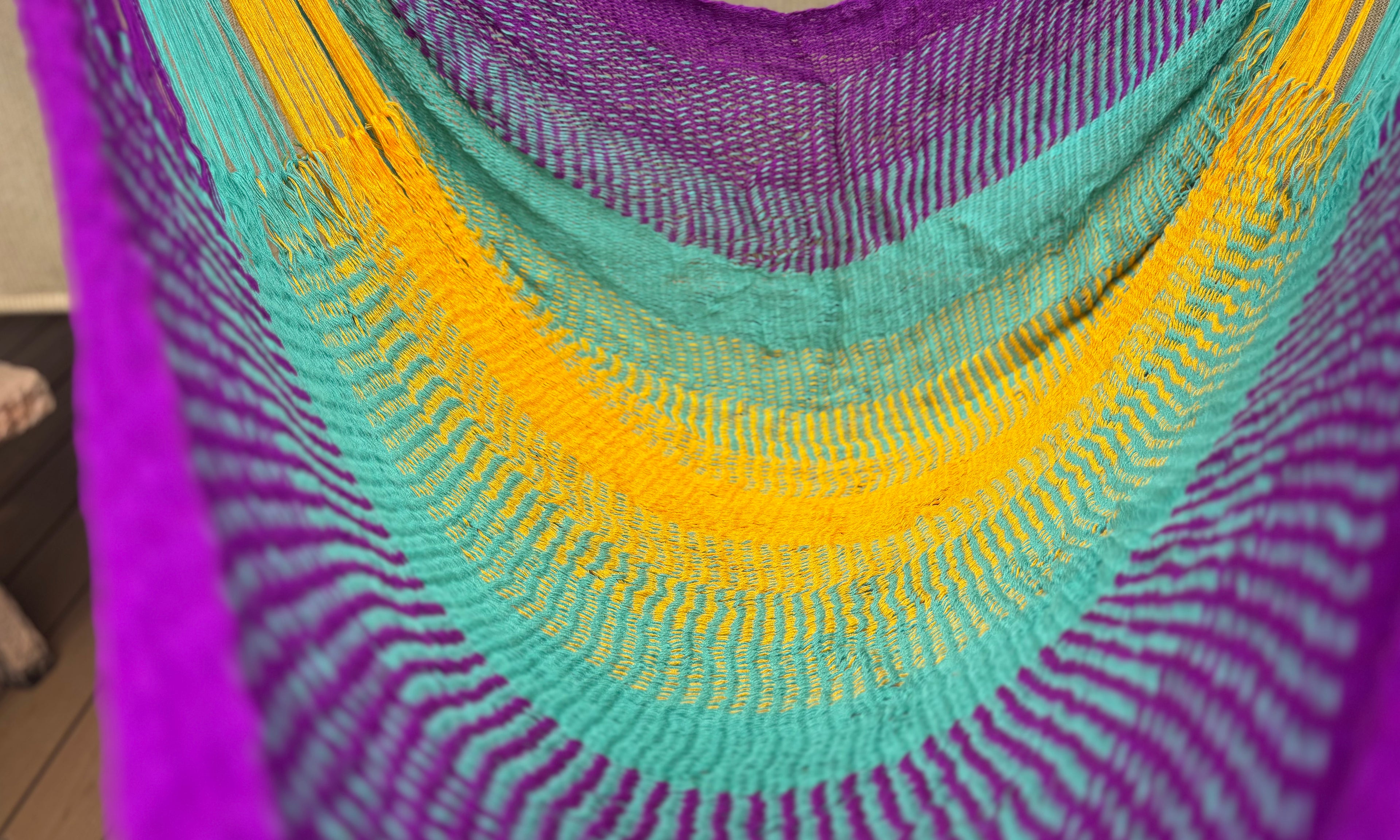 Thai Hammock Chair • Purple, Aqua & Yellow • Handwoven in Thailand • UV-Resistant • 500 lb Rated • Ultralight • Fair Trade