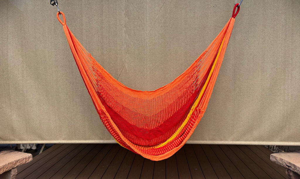 Thai Hammock Chair • Orange, Maroon & Mustard • Handwoven in Thailand • UV-Resistant • 500 lb Rated • Ultralight • Fair Trade