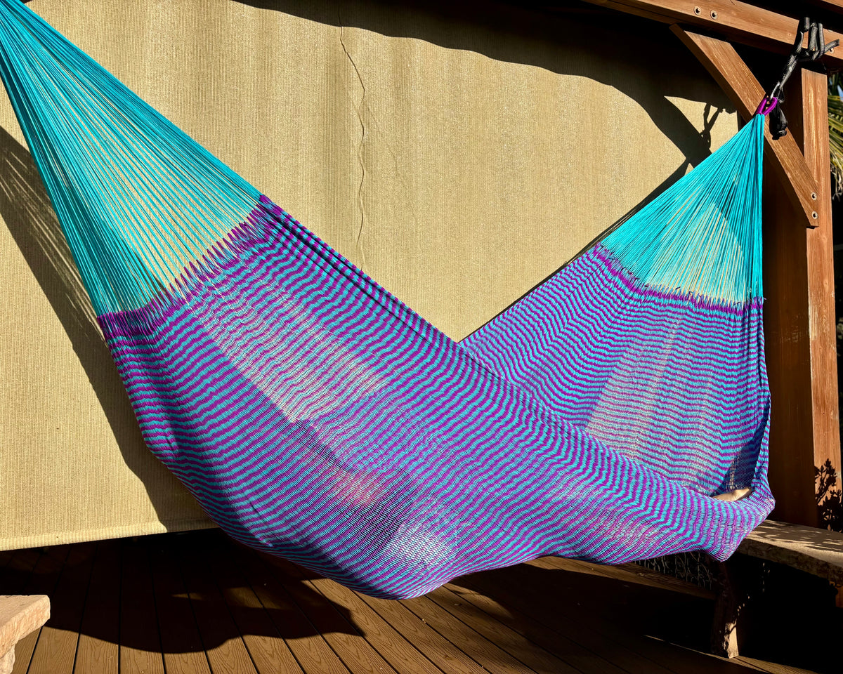 Handwoven Thai Hammock • Weather-Resistant, Fair Trade Navy & Purple Blend