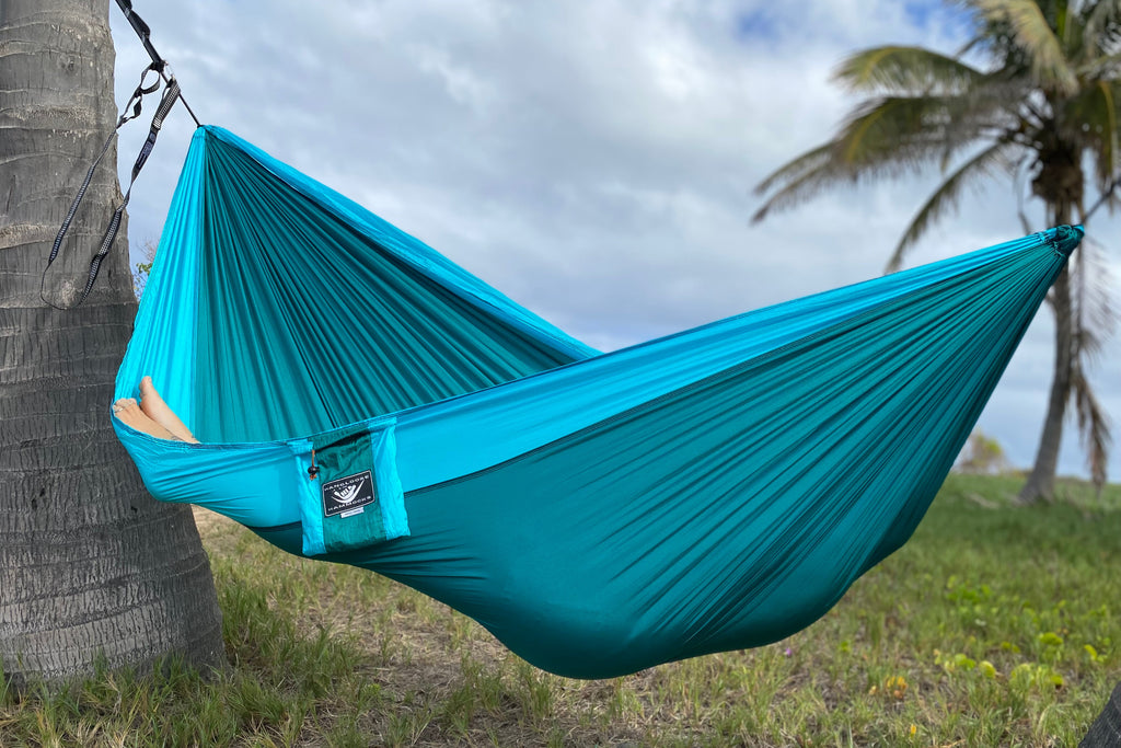 Parachute Silk Camping Hammock • Nalu/Wave • Double XXL 6.5’x10’ • 440 lb Rated • Includes Carabiners & Stuff Sack • Ultralight & Packable • Handcrafted in Bali Since 1996