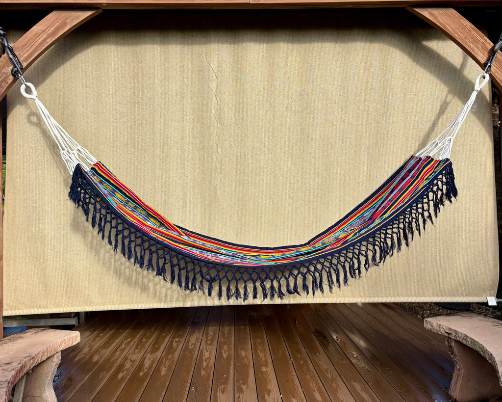 Braided Fringe Hammock: Inca Pattern, UV & Mildew Resistant, Lightweight, Navy Multicolor