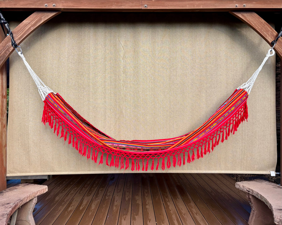 Braided Fringe Hammock: Inca Pattern, UV & Mildew Resistant, Lightweight, Red Multicolor