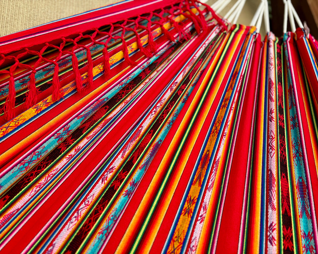 Braided Fringe Hammock: Inca Pattern, UV & Mildew Resistant, Lightweight, Red Multicolor