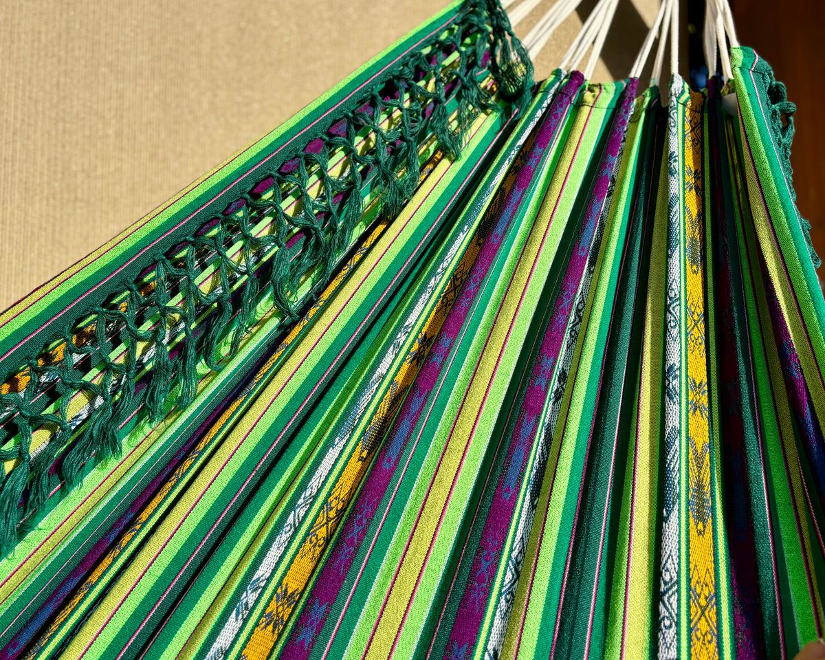 Braided Fringe Hammock: Inca Pattern, UV & Mildew Resistant, Lightweight, Green Blend