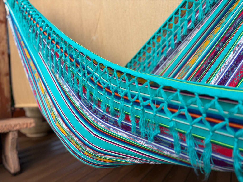 Braided Fringe Hammock: Inca Pattern, UV & Mildew Resistant, Lightweight, Sea View