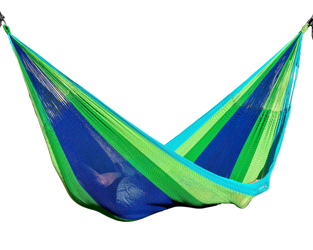 Handwoven Thai Hammock • Weather-Resistant, Fair Trade, Lightweight Green, Dark Green, Aqua, Blue Blend