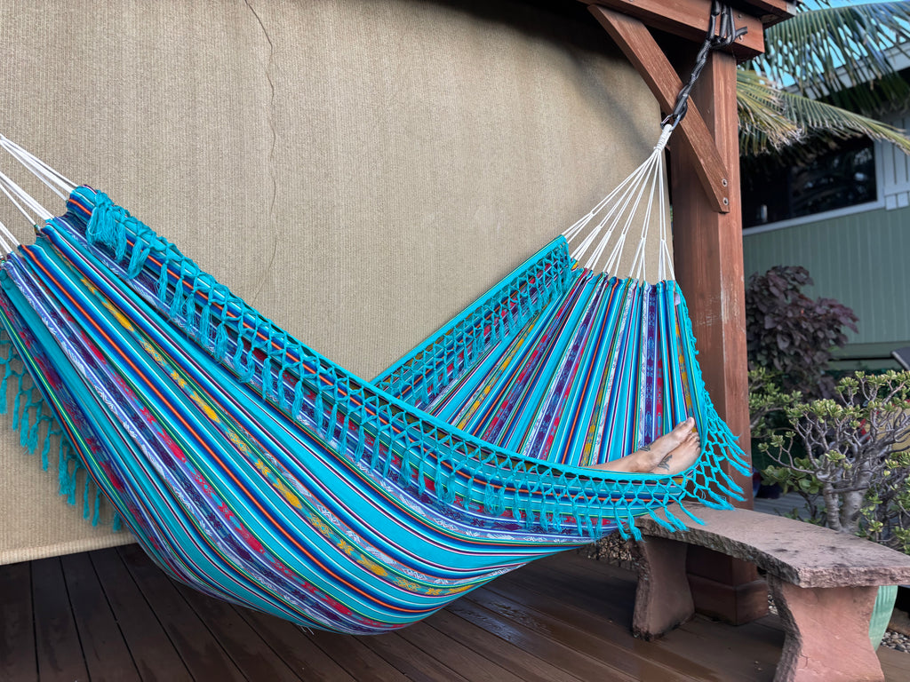 Braided Fringe Hammock: Inca Pattern, UV & Mildew Resistant, Lightweight, Sea View