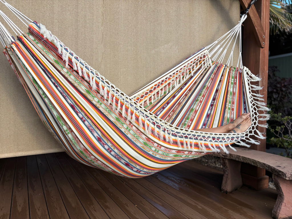 Braided Fringe Hammock: Inca Pattern, UV & Mildew Resistant, Lightweight, Cream Multicolor
