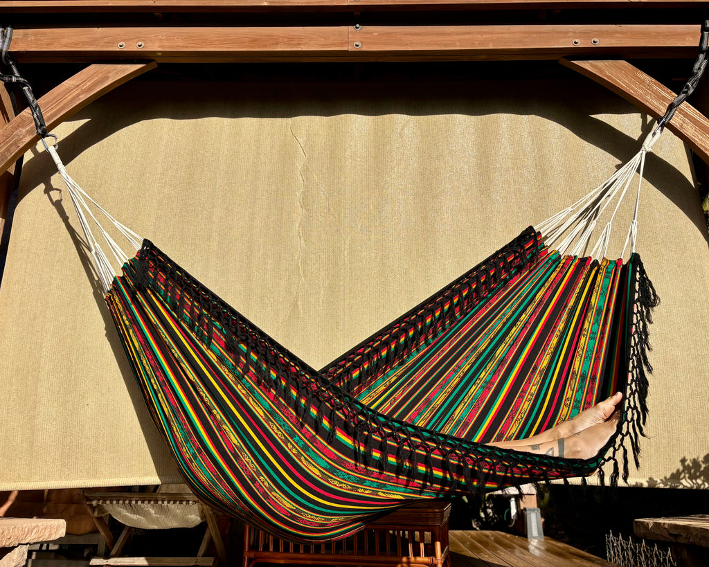 Braided Fringe Hammock: Inca Pattern, UV & Mildew Resistant, Lightweight, Rasta Color