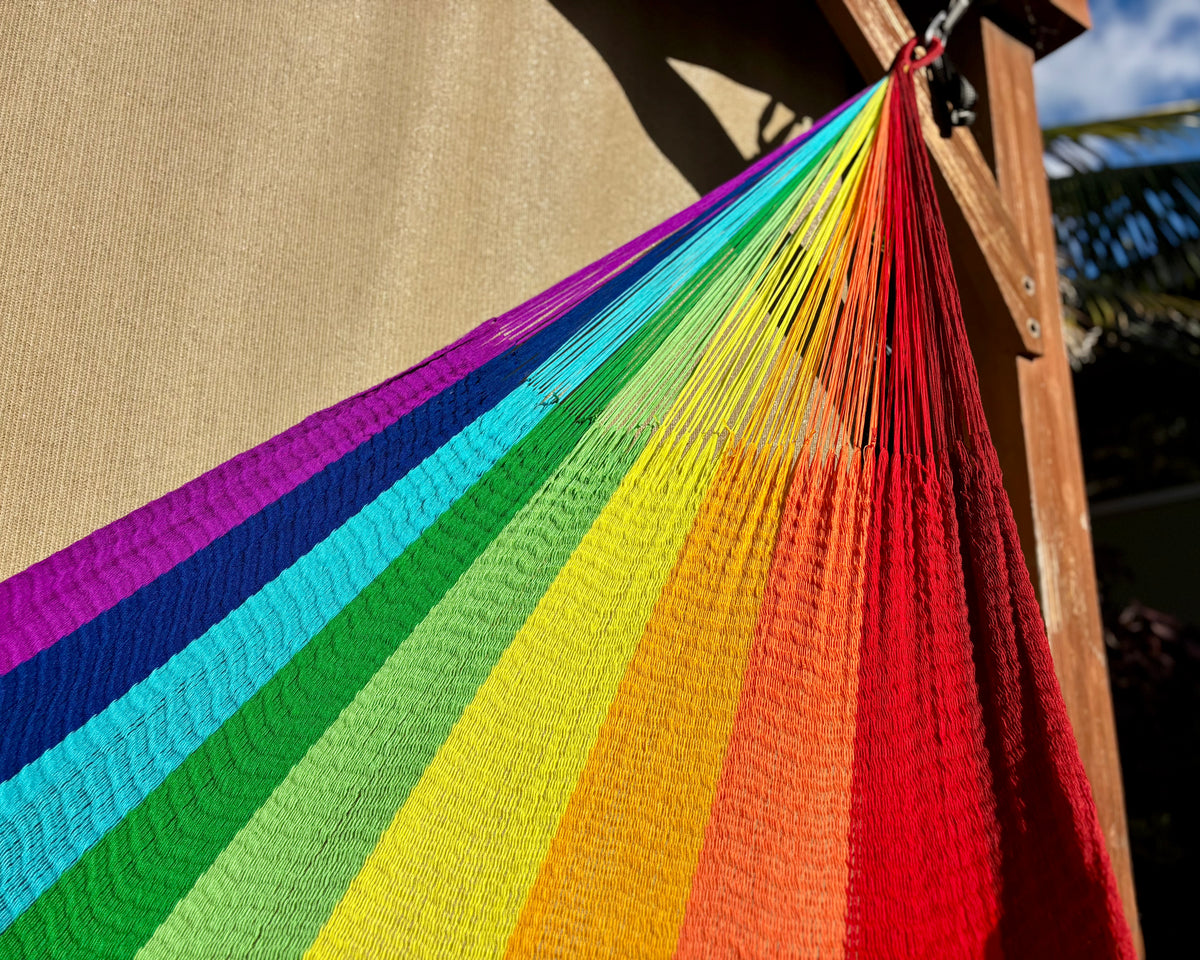 Handwoven Thai Hammock • Weather-Resistant, Fair Trade, Rainbow Color