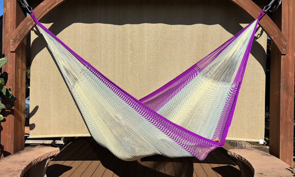 Handwoven Thai Hammock • Weather-Resistant, Fair Trade (Cream, Grey , Purple)