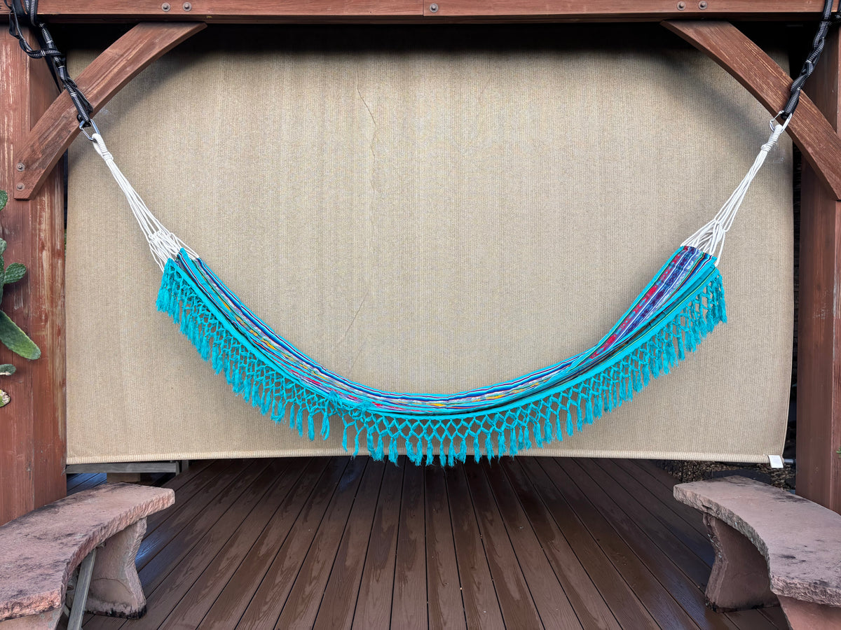 Braided Fringe Hammock: Inca Pattern, UV & Mildew Resistant, Lightweight, Sea View