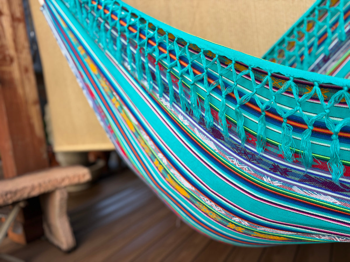 Braided Fringe Hammock: Inca Pattern, UV & Mildew Resistant, Lightweight, Sea View