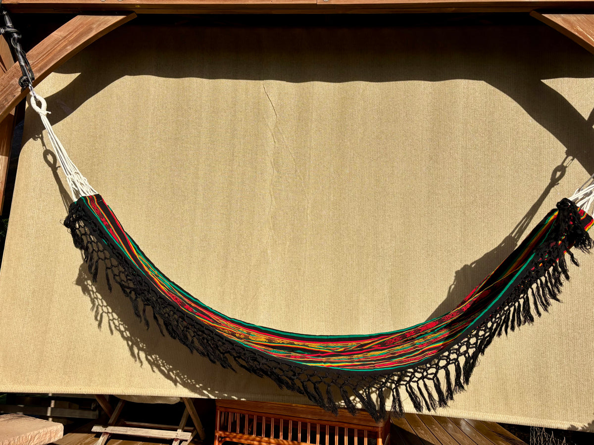 Braided Fringe Hammock: Inca Pattern, UV & Mildew Resistant, Lightweight, Rasta Color