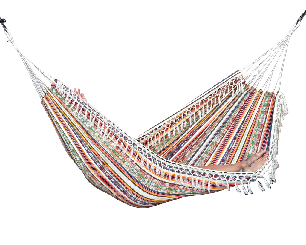 Braided Fringe Hammock: Inca Pattern, UV & Mildew Resistant, Lightweight, Cream Multicolor