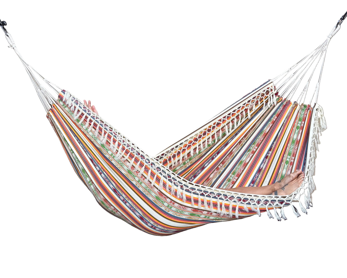 Braided Fringe Hammock: Inca Pattern, UV & Mildew Resistant, Lightweight, Cream Multicolor