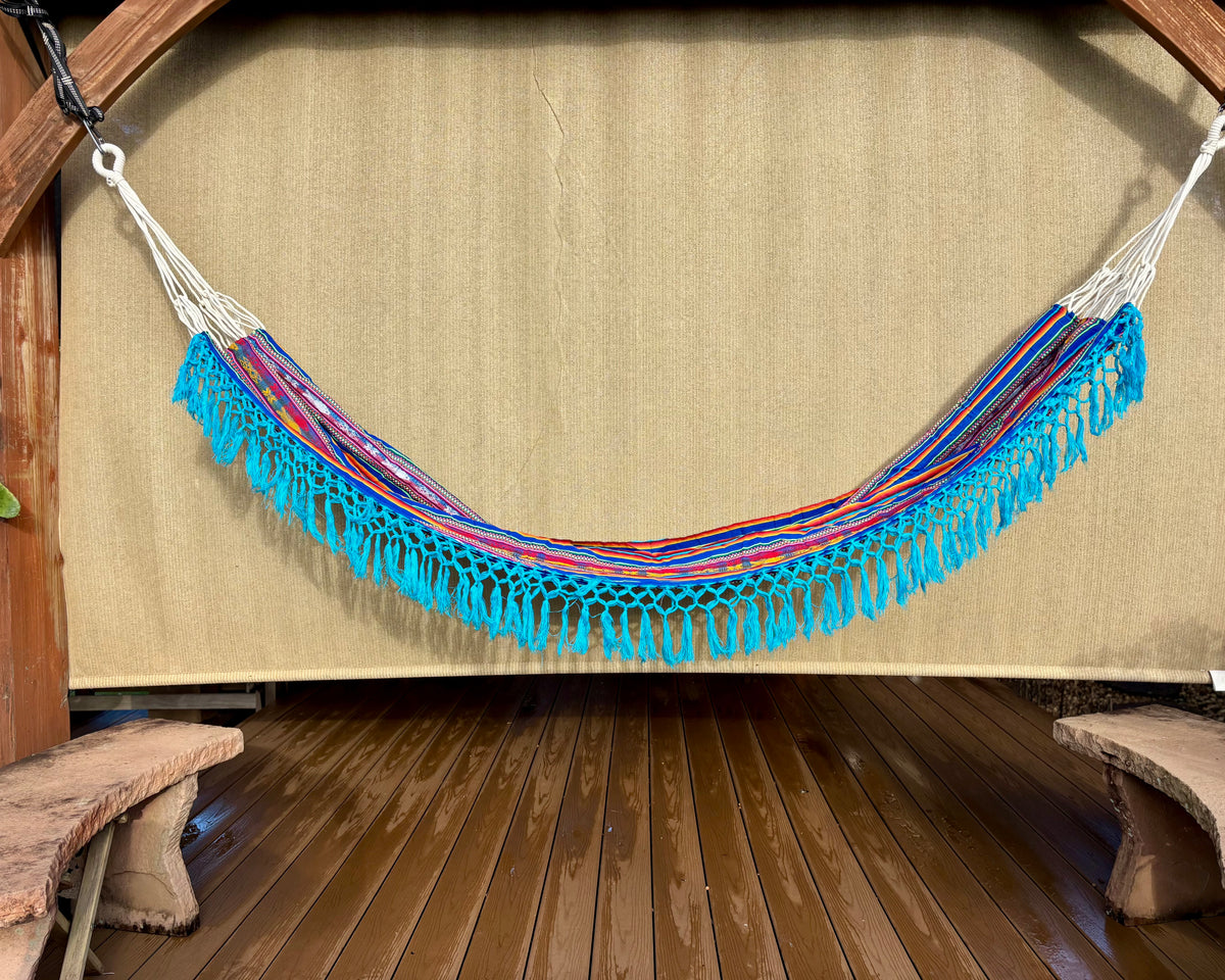 Braided Fringe Hammock: Inca Pattern, UV & Mildew Resistant, Lightweight, Aqua Blend