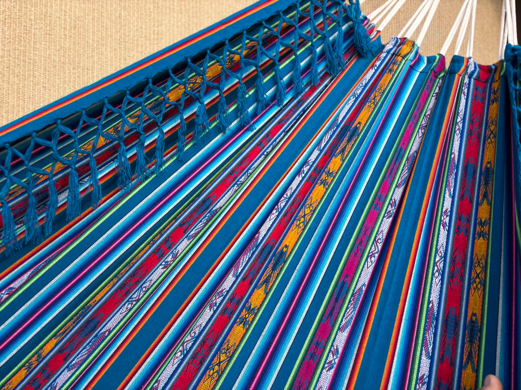Braided Fringe Hammock: Inca Pattern, UV & Mildew Resistant, Lightweight, Electric Blue