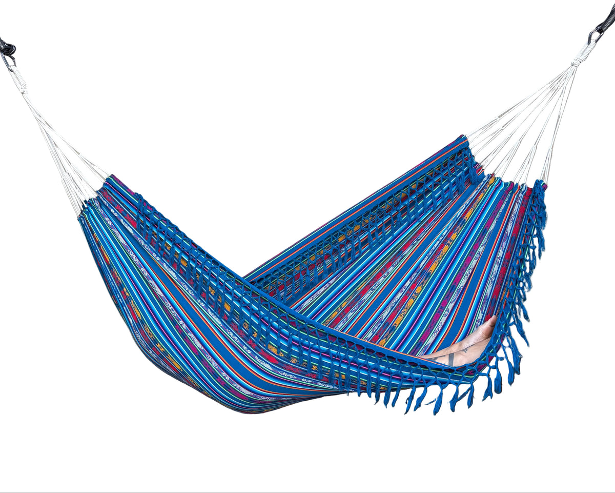 Braided Fringe Hammock: Inca Pattern, UV & Mildew Resistant, Lightweight, Electric Blue