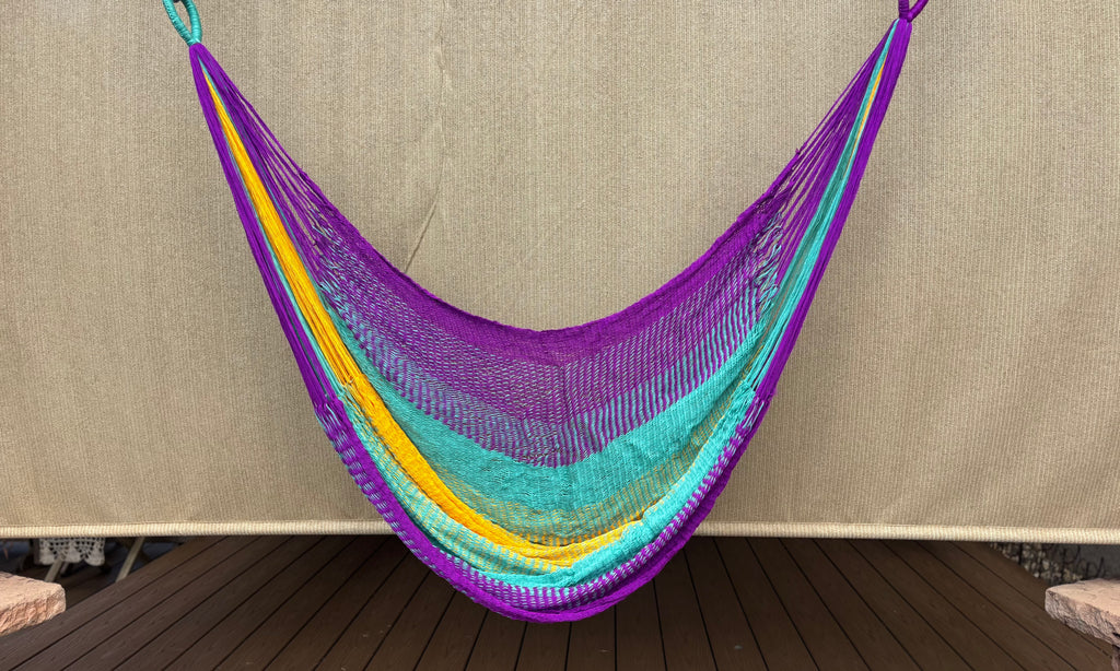 Thai Hammock Chair • Purple, Aqua & Yellow • Handwoven in Thailand • UV-Resistant • 500 lb Rated • Ultralight • Fair Trade