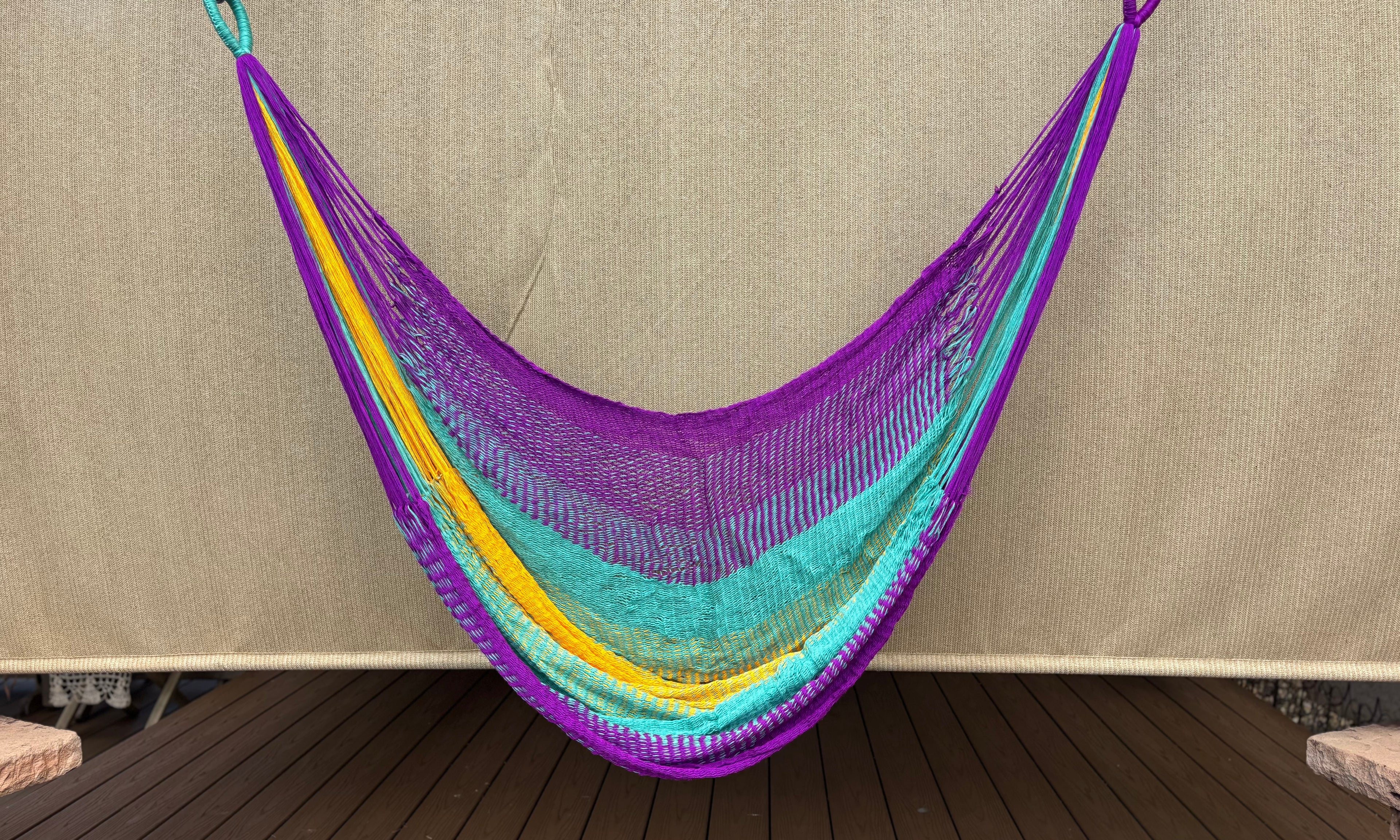 Thai Hammock Chair • Purple, Aqua & Yellow • Handwoven in Thailand • UV-Resistant • 500 lb Rated • Ultralight • Fair Trade