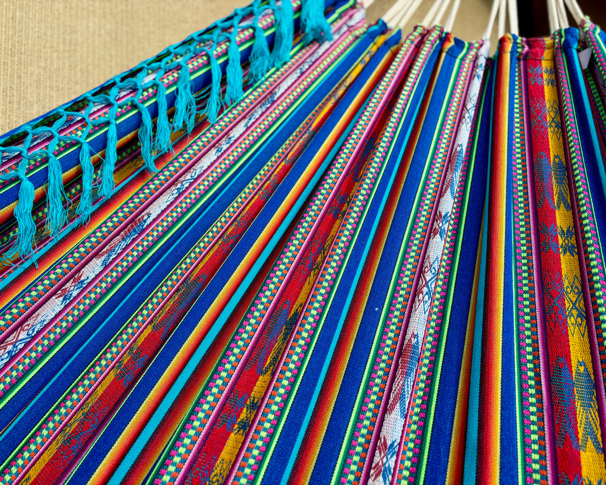 Braided Fringe Hammock: Inca Pattern, UV & Mildew Resistant, Lightweight, Aqua Blend