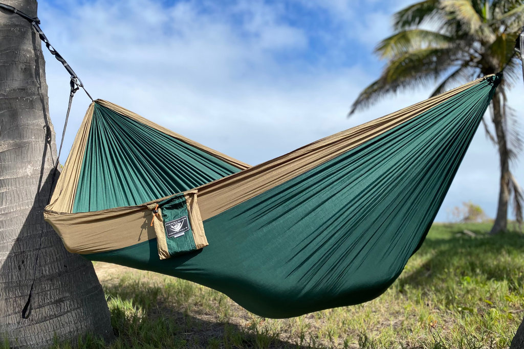 Parachute Silk Camping Hammock • Green, Tan • Double XXL 6.5’x10’ • 440 lb Rated • Includes Carabiners & Stuff Sack • Ultralight & Packable • Handcrafted in Bali Since 1996