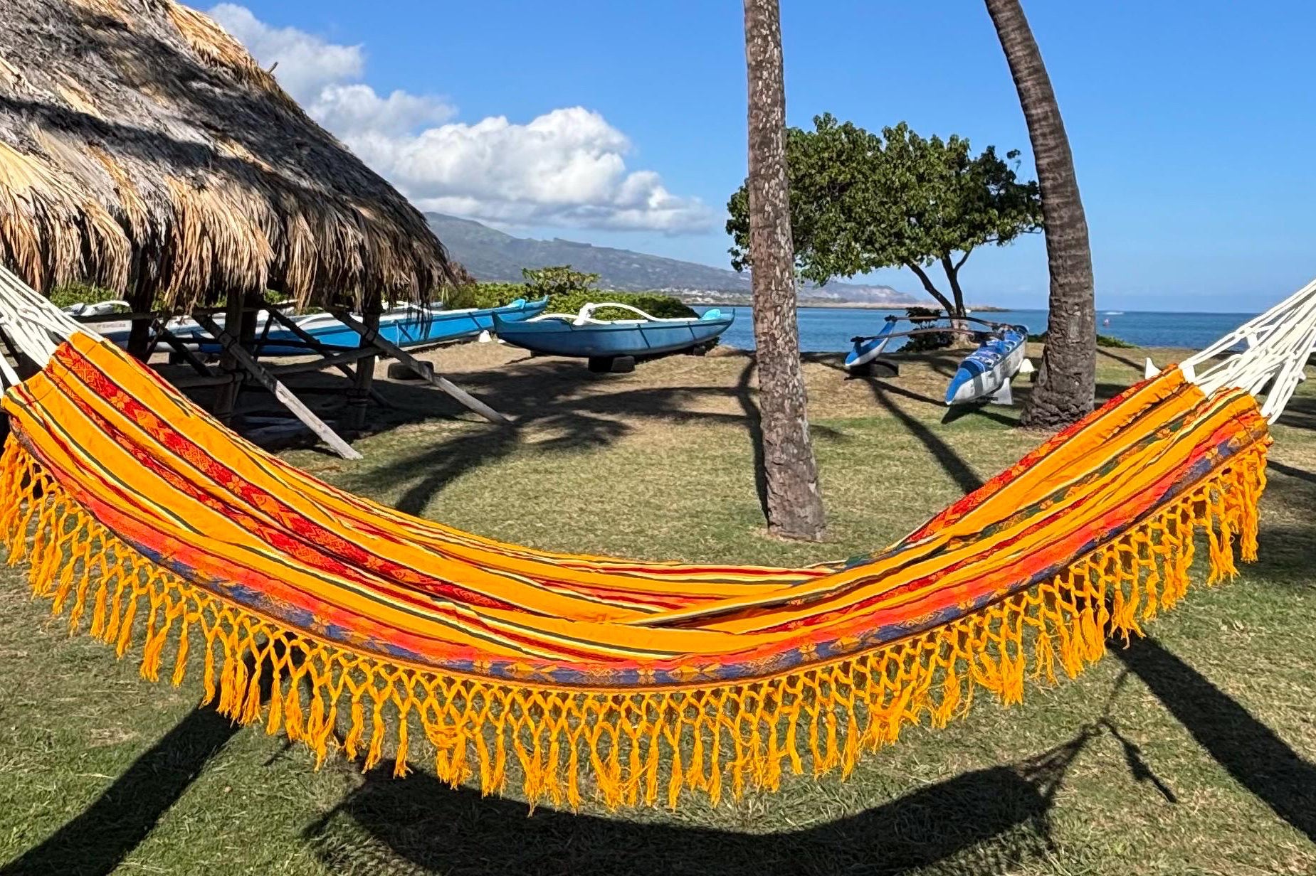 Ecuador Fringe Hammock • Yellow Blend • Handwoven by Artisans • UV-Resistant • 500 lb Rated • Fair Trade • Free Shipping