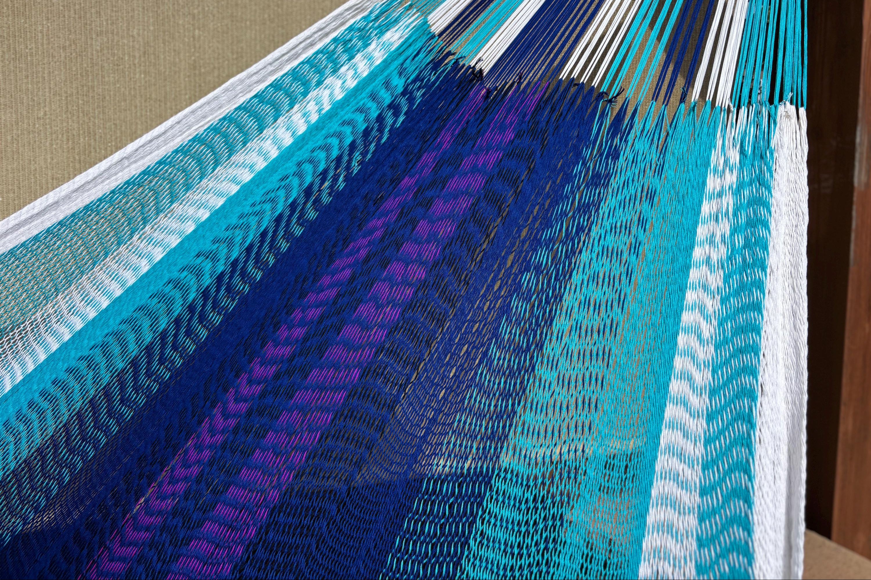Handwoven Thai Hammock • Weather-Resistant, Fair Trade Nalu/Wave Blend (White, Light & Dark Blue with purple stripes) Beautiful