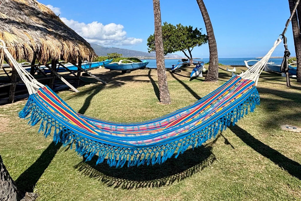 Ecuador Fringe Hammock • Blue Blend II • Handwoven by Artisans • UV-Resistant • 500 lb Rated • Fair Trade • Free Shipping